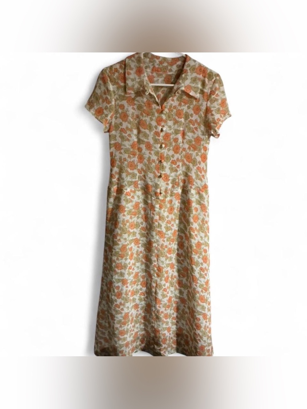 Vintage 70s Orange Floral Button-Down Maxi Dress Cottagecore Mushroomcore